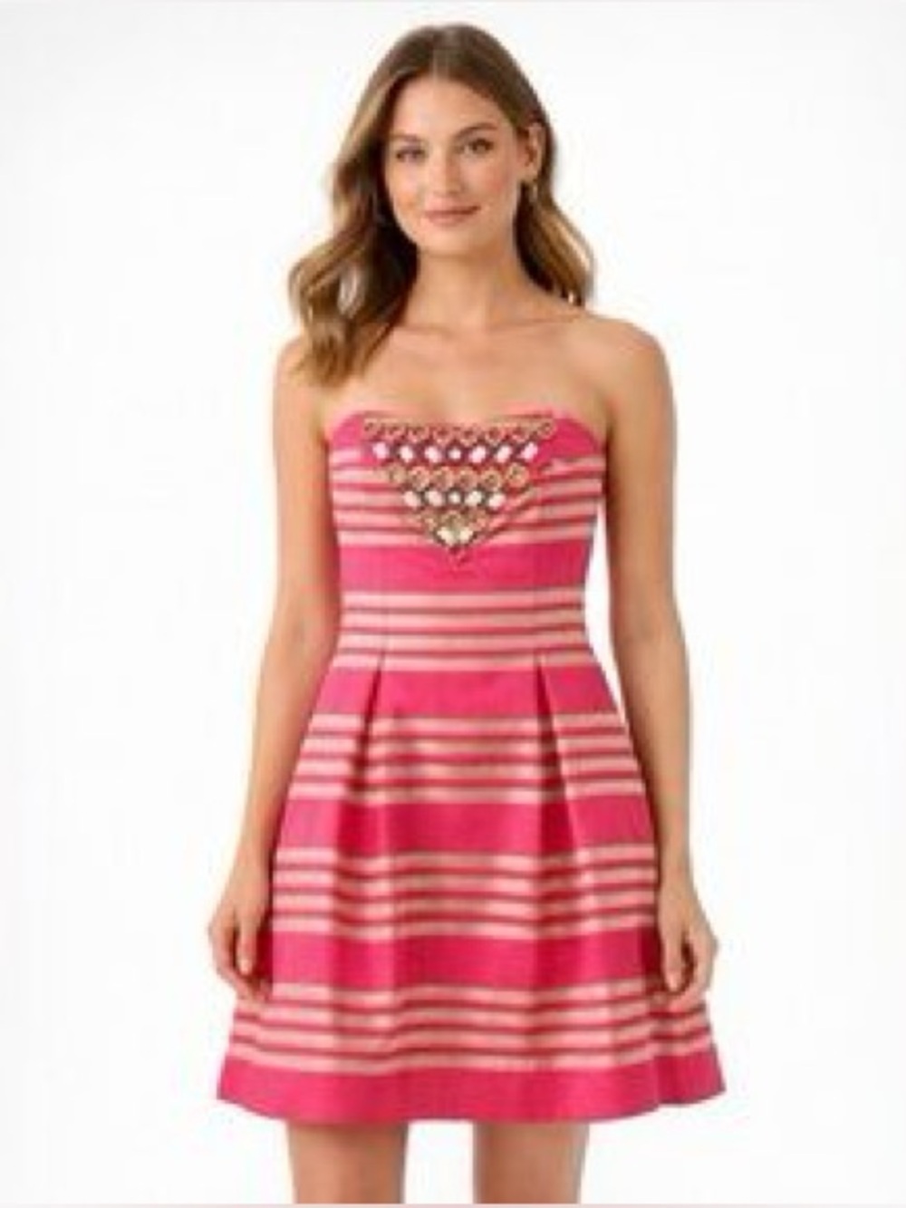 Lilly Pulitzer Sami-Ryan Metallic Striped Strapless Dress Size 0 Bead Hotty Pink